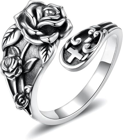 Sariel 925 Sterling Silver Spoon Ring - Vintage Adjustable Rose Flower Spoon Rings for Women Flower Wide Thumb Ring in Kuwait
