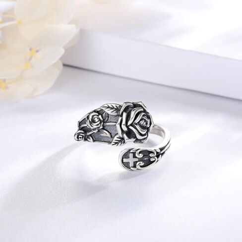 Sariel 925 Sterling Silver Spoon Ring - Vintage Adjustable Rose Flower Spoon Rings for Women Flower Wide Thumb Ring in Kuwait