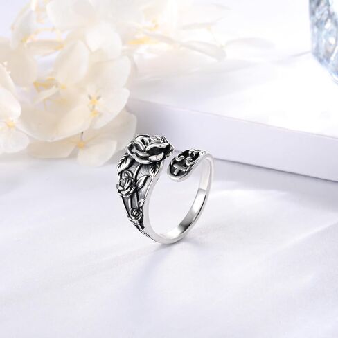 Sariel 925 Sterling Silver Spoon Ring - Vintage Adjustable Rose Flower Spoon Rings for Women Flower Wide Thumb Ring in Kuwait