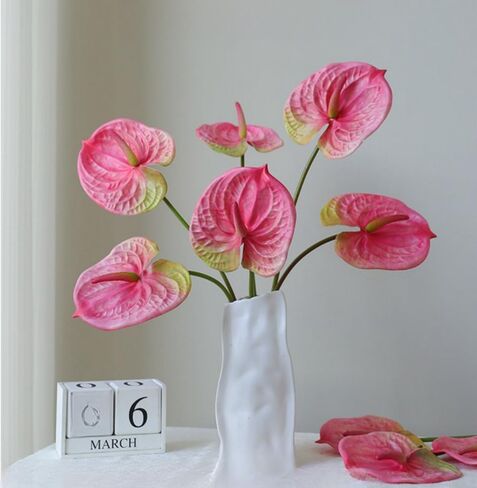 6 PCS 24inch Artificial Anthurium Lily Flowers Home Decor Bouquet and Green Leaf for Wedding Festival Party,Hotel Decor Flower Bouquet Accessories (Pink) in Saudi Arabia