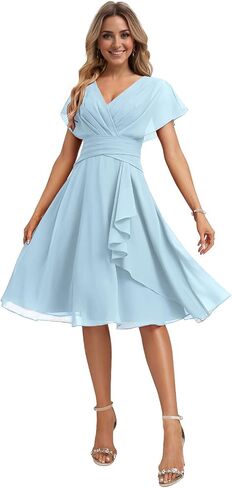 Ruffles Chiffon Bridesmaid Dresses Short V Neck Ruched Formal Evening Party Dress with Sleeve L07026 in Saudi Arabia