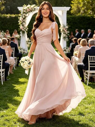 Long Chiffon Bridesmaid Dresses for Women Spaghetti Straps A Line Pleated Formal Wedding Guest Dresses in Kuwait