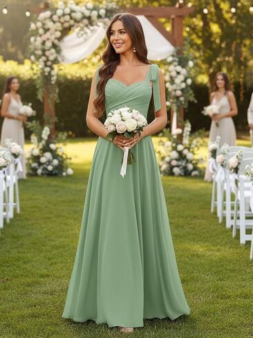 Long Chiffon Bridesmaid Dresses for Women Spaghetti Straps A Line Pleated Formal Wedding Guest Dresses in Kuwait