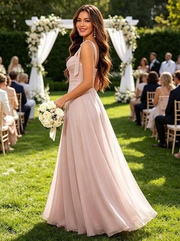 Long Chiffon Bridesmaid Dresses for Women Spaghetti Straps A Line Pleated Formal Wedding Guest Dresses in Kuwait
