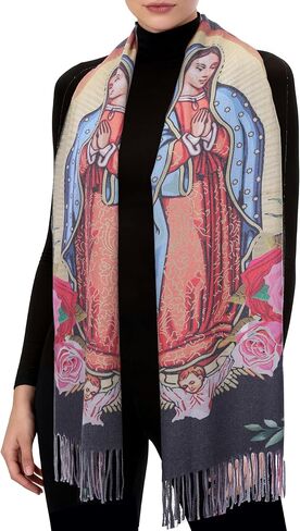 Virgen de Guadalupe Prayer Shawl Scarf Catholic Gifts For Women Mom Mexican Virgin Mary Pashmina Scarves Wrap (Rose Black Red) in Saudi Arabia