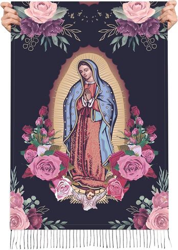 Virgen de Guadalupe Prayer Shawl Scarf Catholic Gifts For Women Mom Mexican Virgin Mary Pashmina Scarves Wrap (Rose Black Red) in Saudi Arabia