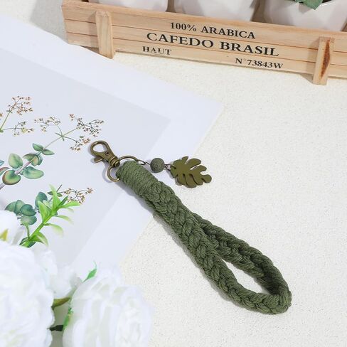 Ymapinc Green Leef Keychain Wristlet Bracelet - Boho Keychain with Palm Leaf Tassel, Green Lanyard Key Chain Bag Charm for Nature Lover Men Women in Kuwait