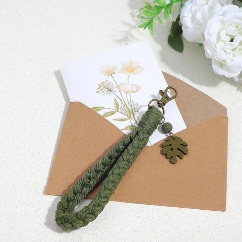 Ymapinc Green Leef Keychain Wristlet Bracelet - Boho Keychain with Palm Leaf Tassel, Green Lanyard Key Chain Bag Charm for Nature Lover Men Women in Kuwait