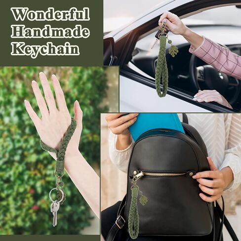 Ymapinc Green Leef Keychain Wristlet Bracelet - Boho Keychain with Palm Leaf Tassel, Green Lanyard Key Chain Bag Charm for Nature Lover Men Women in Kuwait