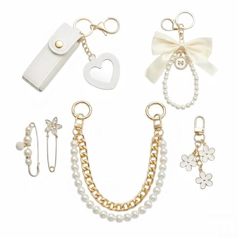 Flowers Bow Bag Accessories - 6 Pcs Floral Keychain Charms Brooch Lipstick Holder Pearl Chain Decor Set for Beach Tote Bags Compatible with YETI Bogg Graduation Birthday Gifts for Women Girls in Saudi Arabia