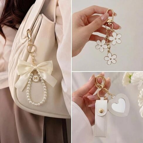 Flowers Bow Bag Accessories - 6 Pcs Floral Keychain Charms Brooch Lipstick Holder Pearl Chain Decor Set for Beach Tote Bags Compatible with YETI Bogg Graduation Birthday Gifts for Women Girls in Saudi Arabia