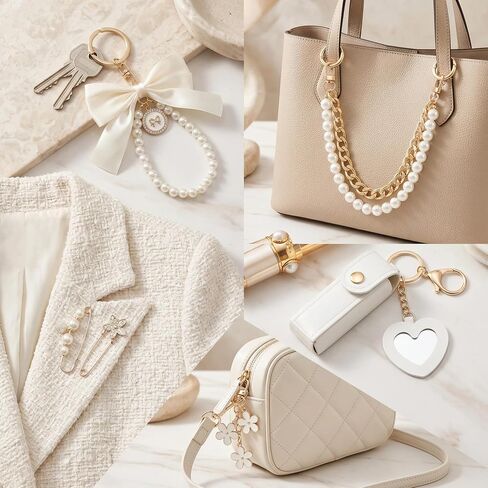 Flowers Bow Bag Accessories - 6 Pcs Floral Keychain Charms Brooch Lipstick Holder Pearl Chain Decor Set for Beach Tote Bags Compatible with YETI Bogg Graduation Birthday Gifts for Women Girls in Saudi Arabia