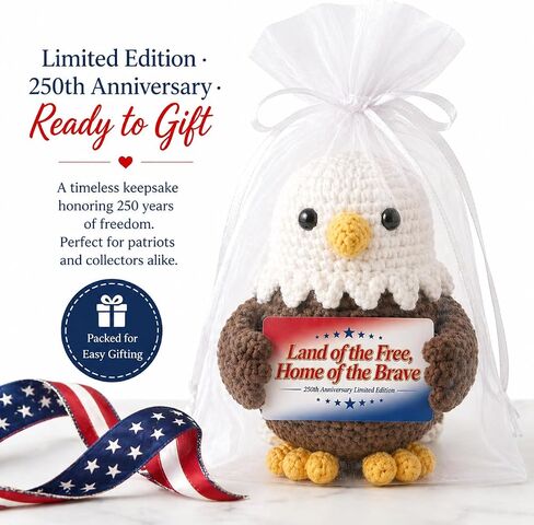 250 Anniversary USA Merchandise Crochet Bald Eagle - 4th of July Decorations, Independence Day Figurine - Handmade Patriotic Amigurumi Decor & Memorial Day and Veteran Gift in Saudi Arabia