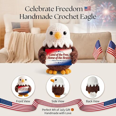 250 Anniversary USA Merchandise Crochet Bald Eagle - 4th of July Decorations, Independence Day Figurine - Handmade Patriotic Amigurumi Decor & Memorial Day and Veteran Gift in Saudi Arabia