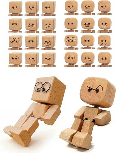 2PCS Shaking Wooden Man for Dashboard, Little Wobbly Shaken Figure with Spring Legs Feet, Buddy Leg Guy with 24PCS Magnetic Changeable Faces in Saudi Arabia