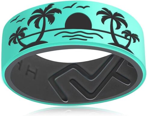 Silicone Wedding Ring for Men & Women, Tropical Beach Palm Tree Rubber Engagement Ring, Breathable Comfort Fit Sport Ring, Sunset Ocean Surf Theme Anniversary Band Size 6-13 in Saudi Arabia
