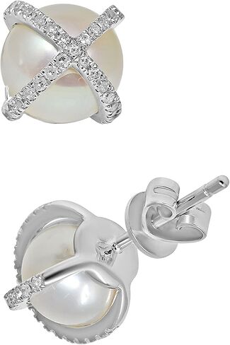 14K White Gold Freshwater Pearl Diamond Criss Cross Earrings Stud in Kuwait