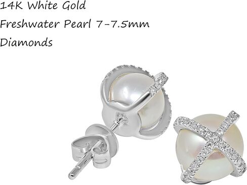 14K White Gold Freshwater Pearl Diamond Criss Cross Earrings Stud in Kuwait