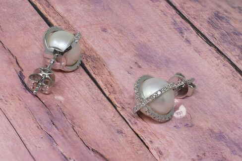 14K White Gold Freshwater Pearl Diamond Criss Cross Earrings Stud in Kuwait