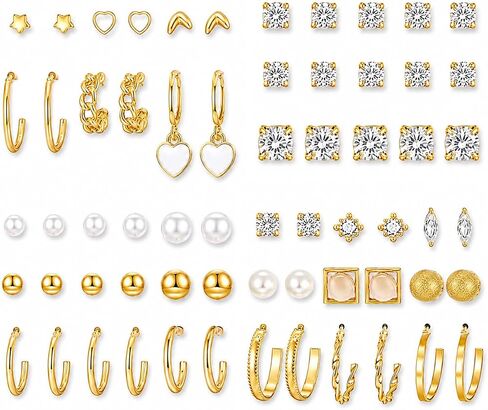 KISS WIFE Gold Plated Earrings Set for Women, Hypoallergenic Cubic Zirconia Pearl Star Ball Stud Earrings, Heart Dangle Hoop Earrings Fashion Jewelry for Daily Wear Gift in Kuwait