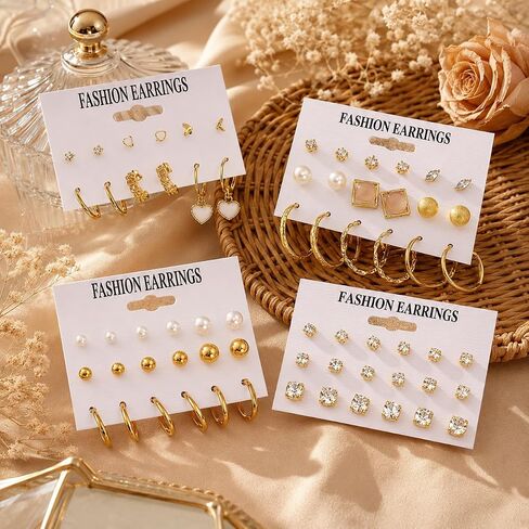 KISS WIFE Gold Plated Earrings Set for Women, Hypoallergenic Cubic Zirconia Pearl Star Ball Stud Earrings, Heart Dangle Hoop Earrings Fashion Jewelry for Daily Wear Gift in Kuwait