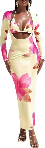 Milumia Women's 3 Piece Floral Print Swimsuit Halter Triangle Bikini Set with Long Sleeve Cover Up in Kuwait