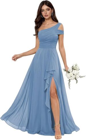 Women's One Shoulder Chiffon Bridesmaid Dress Ruffle A-Line Prom Evening Party Dress SEP002 in Kuwait
