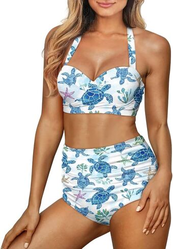 Poceacles Womens Ruched Swim Suit Two Piece Halter Bikini Set Cute Lace Up Padded Swimwear Adjustable Straps Print Beachwear in Saudi Arabia