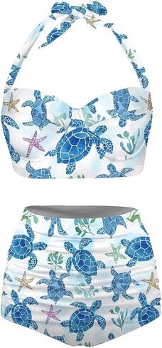 Poceacles Womens Ruched Swim Suit Two Piece Halter Bikini Set Cute Lace Up Padded Swimwear Adjustable Straps Print Beachwear in Saudi Arabia