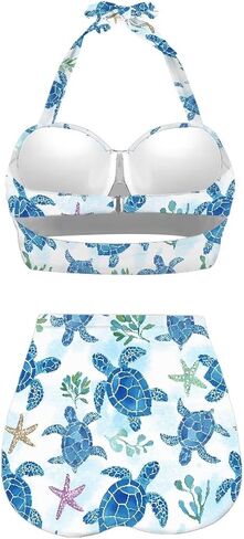 Poceacles Womens Ruched Swim Suit Two Piece Halter Bikini Set Cute Lace Up Padded Swimwear Adjustable Straps Print Beachwear in Saudi Arabia