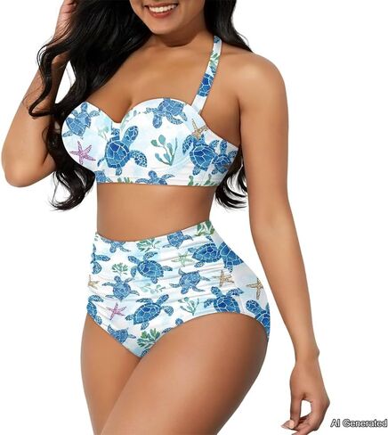 Poceacles Womens Ruched Swim Suit Two Piece Halter Bikini Set Cute Lace Up Padded Swimwear Adjustable Straps Print Beachwear in Saudi Arabia