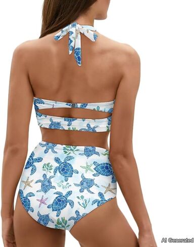 Poceacles Womens Ruched Swim Suit Two Piece Halter Bikini Set Cute Lace Up Padded Swimwear Adjustable Straps Print Beachwear in Saudi Arabia