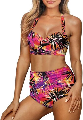 Poceacles Womens Ruched Swim Suit Two Piece Halter Bikini Set Cute Lace Up Padded Swimwear Adjustable Straps Print Beachwear in Saudi Arabia