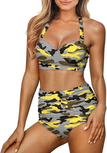 Poceacles Womens Ruched Swim Suit Two Piece Halter Bikini Set Cute Lace Up Padded Swimwear Adjustable Straps Print Beachwear in Saudi Arabia