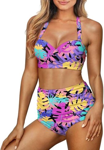 Poceacles Womens Ruched Swim Suit Two Piece Halter Bikini Set Cute Lace Up Padded Swimwear Adjustable Straps Print Beachwear in Saudi Arabia