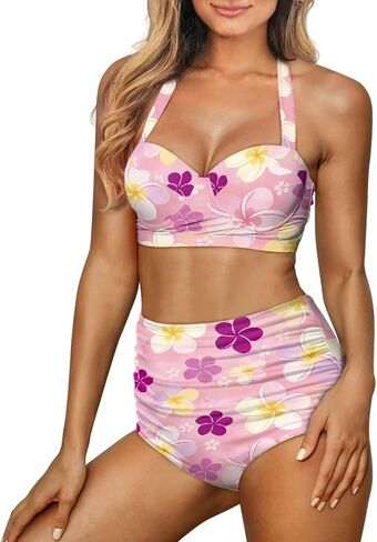 Poceacles Womens Ruched Swim Suit Two Piece Halter Bikini Set Cute Lace Up Padded Swimwear Adjustable Straps Print Beachwear in Saudi Arabia