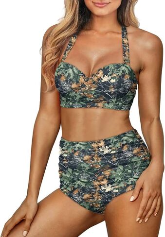 Poceacles Womens Ruched Swim Suit Two Piece Halter Bikini Set Cute Lace Up Padded Swimwear Adjustable Straps Print Beachwear in Saudi Arabia