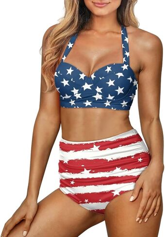 Poceacles Womens Ruched Swim Suit Two Piece Halter Bikini Set Cute Lace Up Padded Swimwear Adjustable Straps Print Beachwear in Saudi Arabia