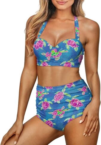 Poceacles Womens Ruched Swim Suit Two Piece Halter Bikini Set Cute Lace Up Padded Swimwear Adjustable Straps Print Beachwear in Saudi Arabia