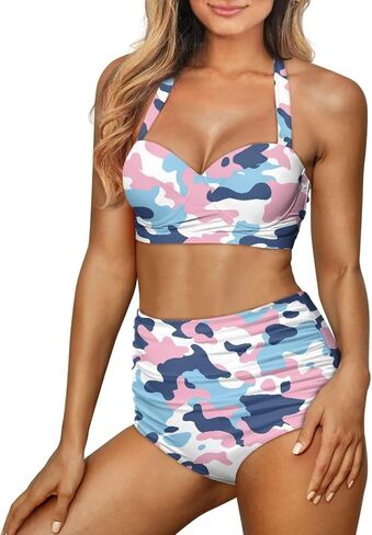 Poceacles Womens Ruched Swim Suit Two Piece Halter Bikini Set Cute Lace Up Padded Swimwear Adjustable Straps Print Beachwear in Saudi Arabia