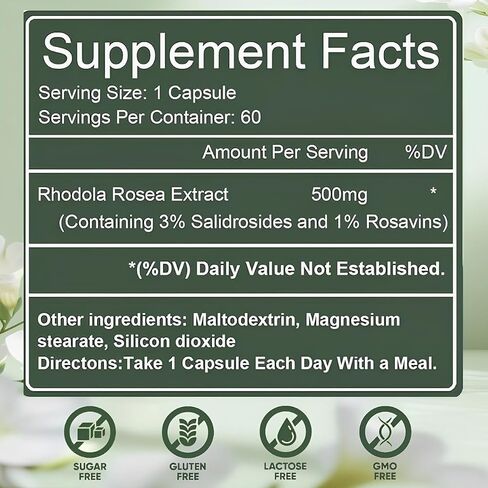 Floraviva Rhodiola Rosea Capsules | 500mg Rhodiola Rosea Extract Supplement for Stress Support, Mental Focus & Energy, Immune Function, Non-GMO, 60 Capsules in Saudi Arabia