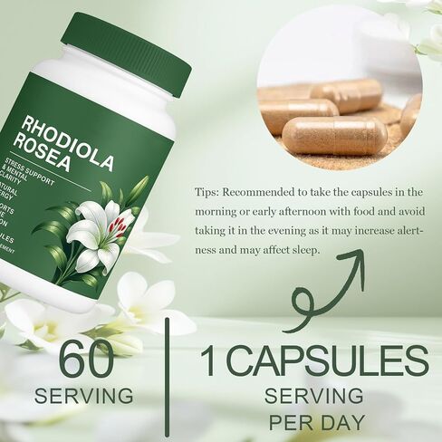Floraviva Rhodiola Rosea Capsules | 500mg Rhodiola Rosea Extract Supplement for Stress Support, Mental Focus & Energy, Immune Function, Non-GMO, 60 Capsules in Saudi Arabia