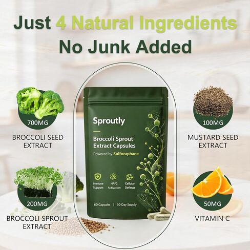 Sproutly Broccoli Sprout Extract Capsules | with Glucoraphanin & Myrosinase, Sulforaphane Precursor Support with Mustard Seed Extract & Vitamin C | Vegan Non-GMO | 60 Capsules in Kuwait