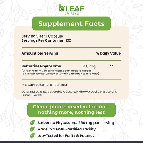 B’Leaf Nature Berberine Phytosome, 120 Capsules – 1100mg Berberine Supplement for Metabolic and Cardiovascular Support – Vegan, Gluten-Free, Non-GMO Berberine Phytosome Capsules for Immune Wellness in Saudi Arabia