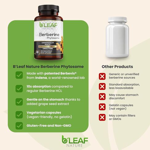 B’Leaf Nature Berberine Phytosome, 120 Capsules – 1100mg Berberine Supplement for Metabolic and Cardiovascular Support – Vegan, Gluten-Free, Non-GMO Berberine Phytosome Capsules for Immune Wellness in Saudi Arabia