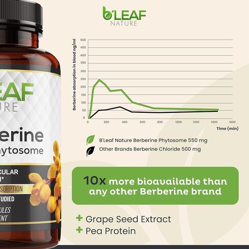 B’Leaf Nature Berberine Phytosome, 120 Capsules – 1100mg Berberine Supplement for Metabolic and Cardiovascular Support – Vegan, Gluten-Free, Non-GMO Berberine Phytosome Capsules for Immune Wellness in Saudi Arabia