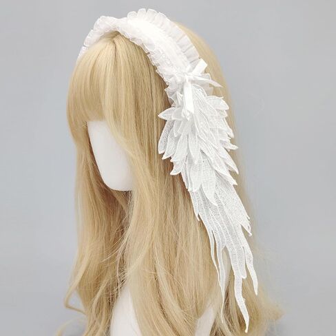 GREUS Angel Wing Headband Gothic Lolita Lace Hair Accessory, White & Black Feather Wing Cosplay Hairpiece Headdress for Women in Kuwait