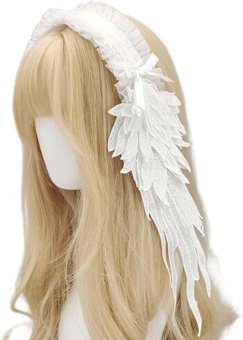 GREUS Angel Wing Headband Gothic Lolita Lace Hair Accessory, White & Black Feather Wing Cosplay Hairpiece Headdress for Women in Kuwait