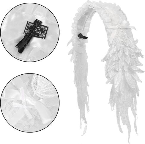 GREUS Angel Wing Headband Gothic Lolita Lace Hair Accessory, White & Black Feather Wing Cosplay Hairpiece Headdress for Women in Kuwait