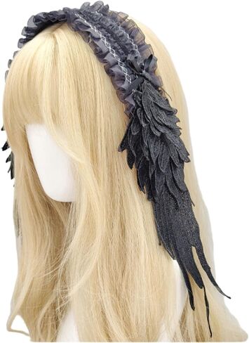 GREUS Angel Wing Headband Gothic Lolita Lace Hair Accessory, White & Black Feather Wing Cosplay Hairpiece Headdress for Women in Kuwait